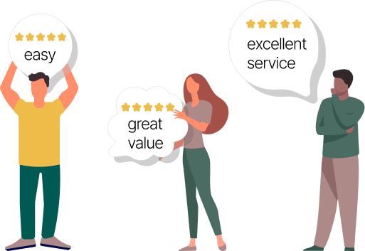 Customers with positive review speech bubbles.