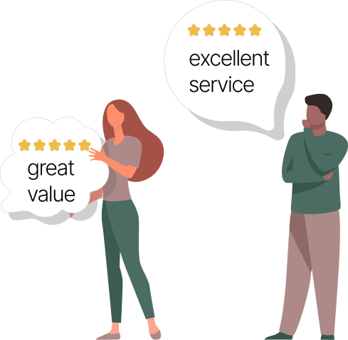 Customers with positive review speech bubbles.