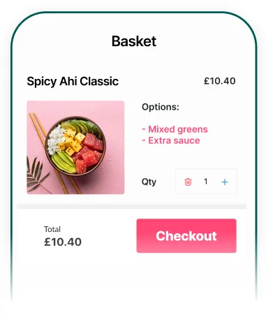 Basket with 'checkout' button shown on mobile phone.